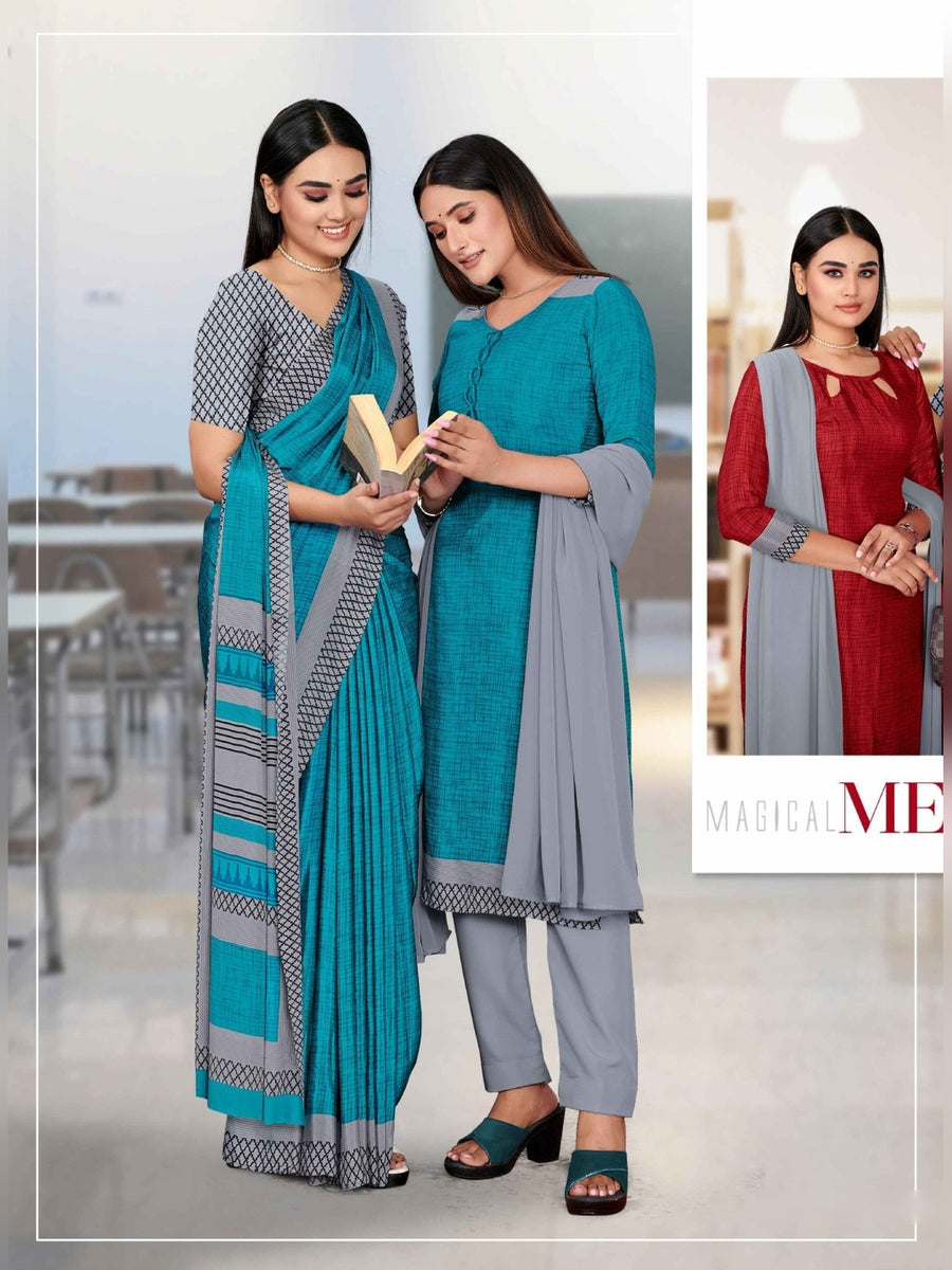 Women's Angoori Crepe Uniform Saree & Suit – Turquoise & Grey - Front