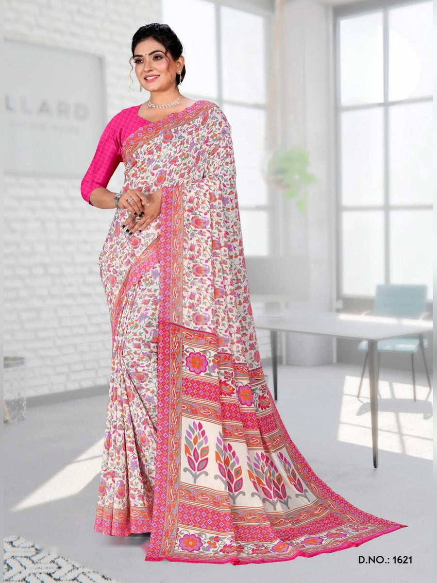 Women's Angoori Crepe Uniform Saree – White & Pink Floral - Front