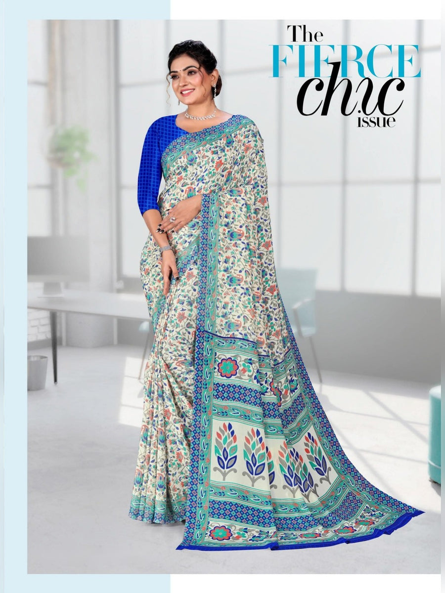 Women's Angoori Crepe Uniform Saree – White & Teal Floral - Front