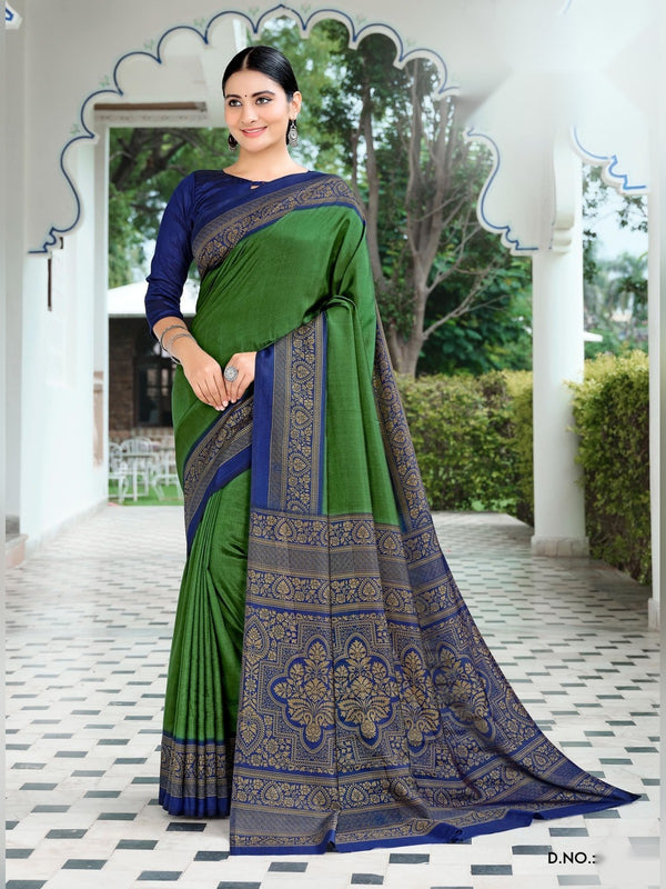 Australian Silk uniform saree Green Navy D.No 2067