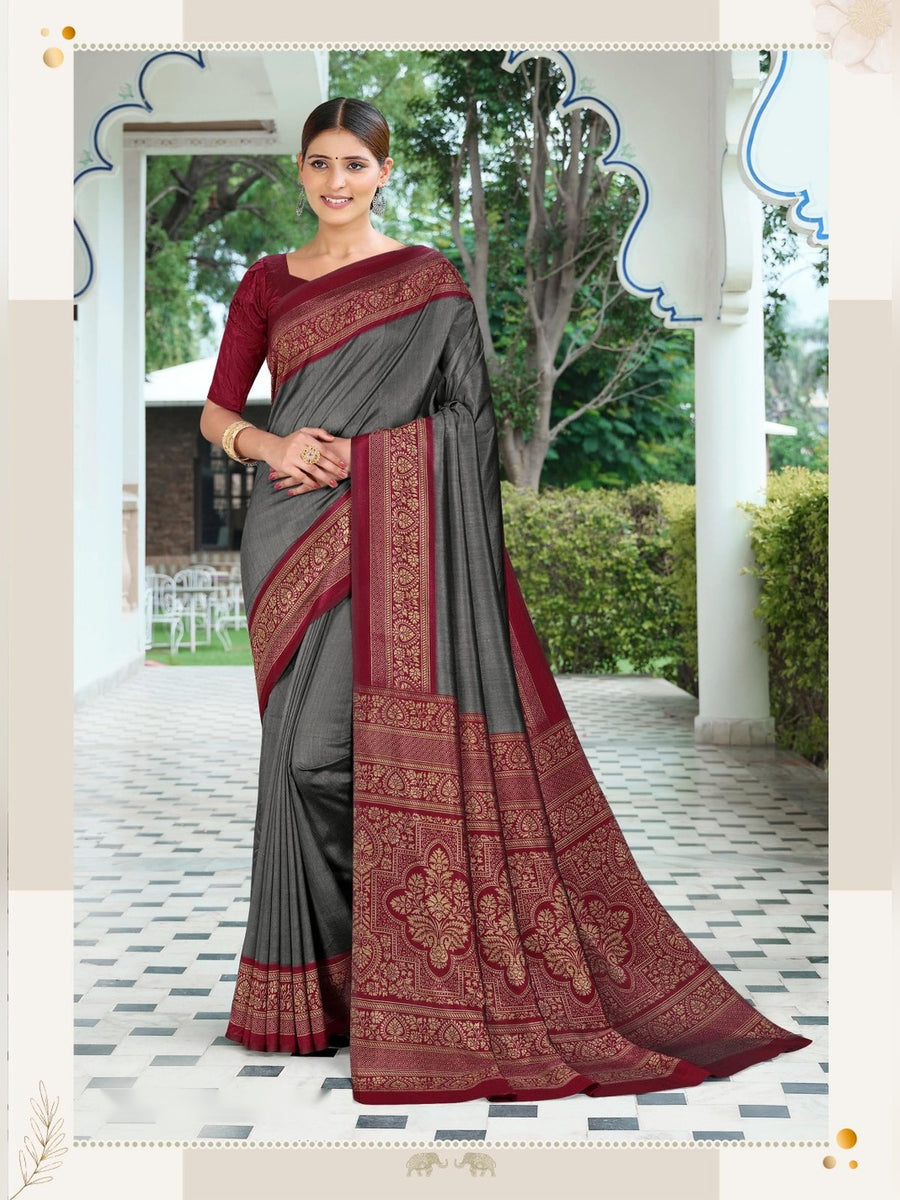 Women's Australian Silk Uniform Saree – Grey & Maroon - Front