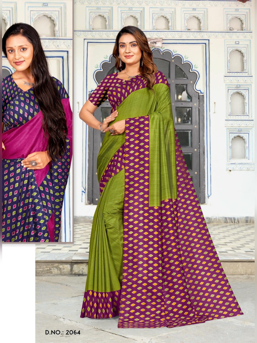 Women's Australian Silk Uniform Saree – Parrot Green & Maroon - Front