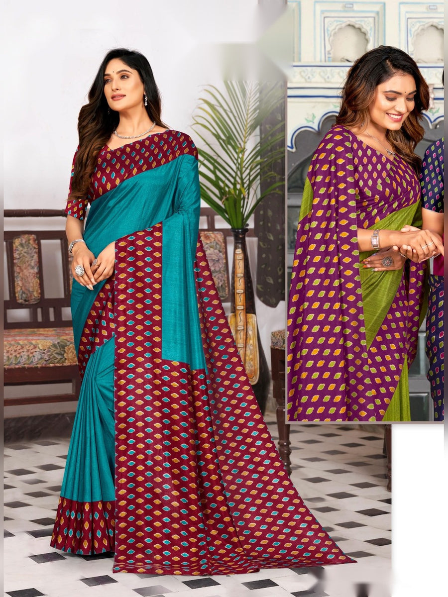 Women's Australian Silk Uniform Saree – Teal & Maroon - Front
