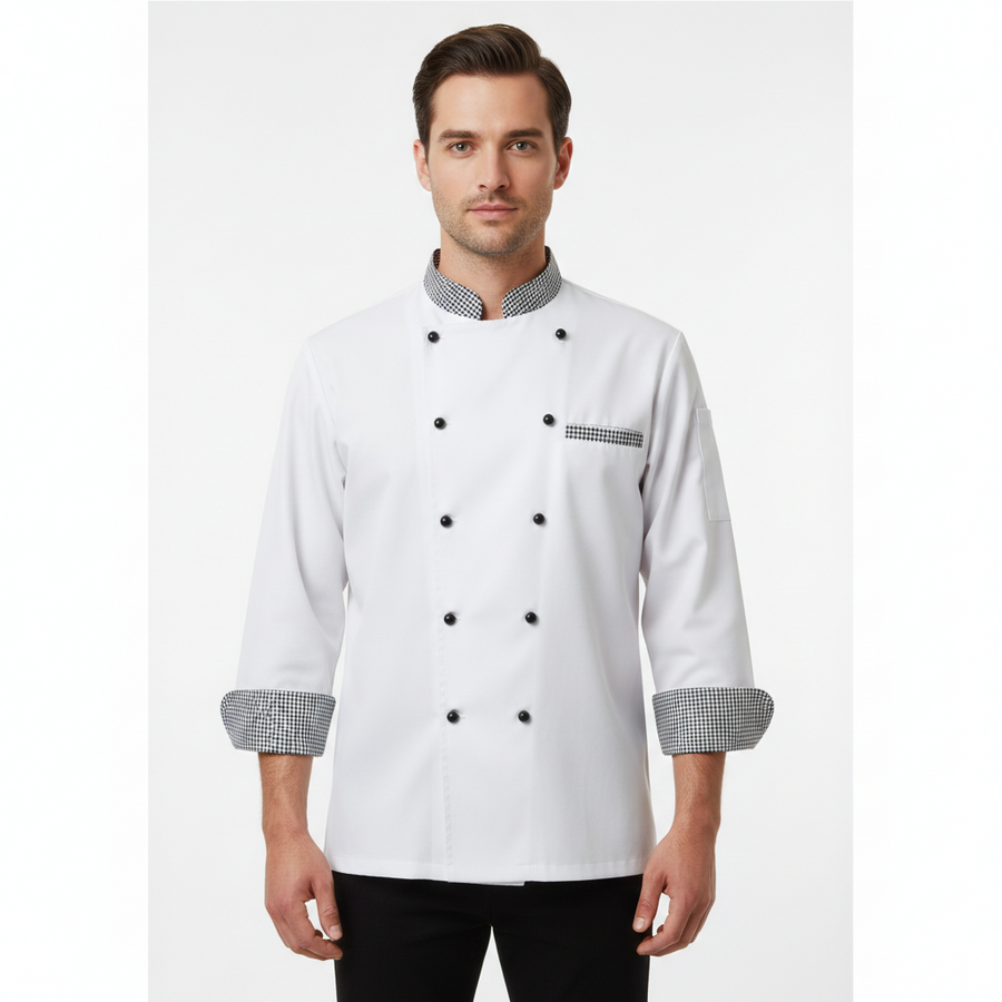 Chef Coat – White & Black Checks - Front