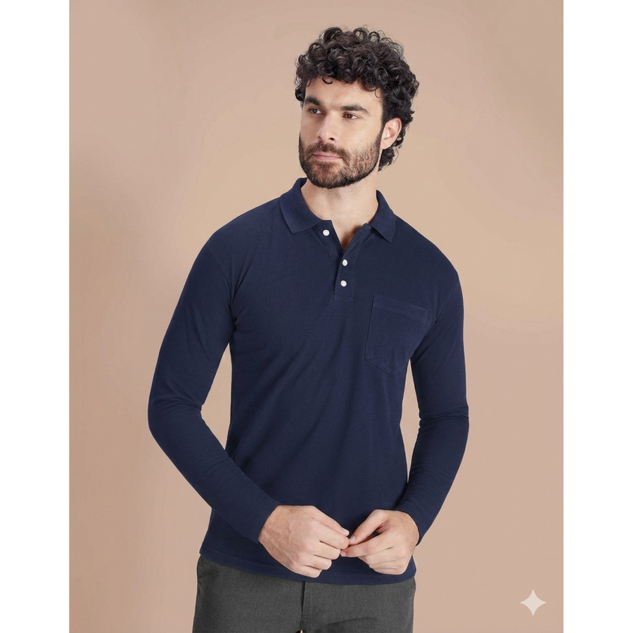 Full Sleeve Dri-Fit Polo T-Shirt – Navy Blue - Front
