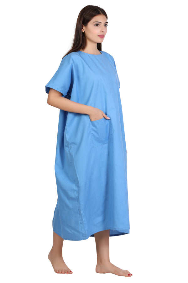 Women's sky blue patient gown – three-quarter view