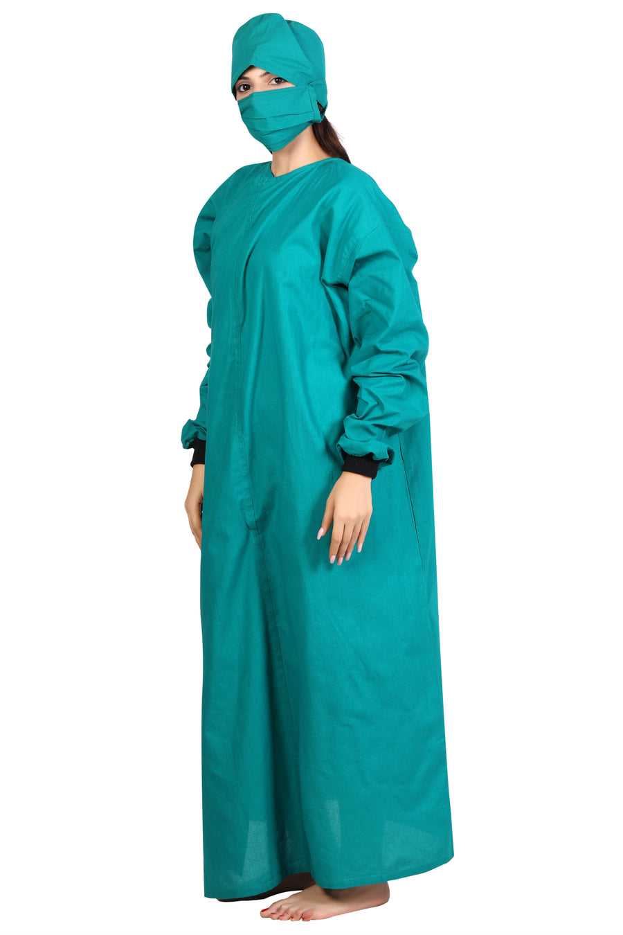 Women's Overlap OT Gown Set – Surgical Green, with Cap & Mask - Left Sleeve