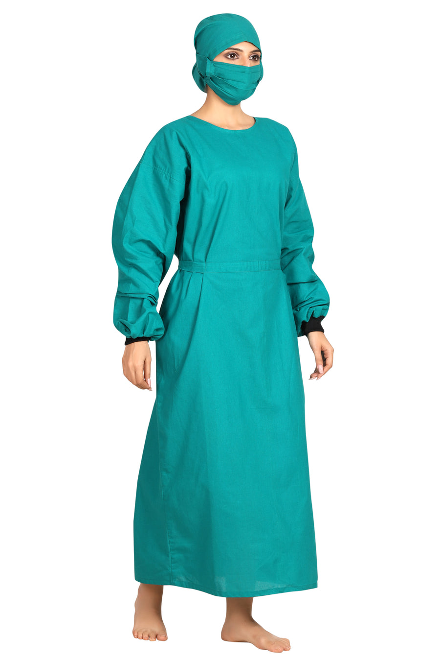 Women's OT Gown Set – Surgical Green, Back Tie, with Cap & Mask - Back