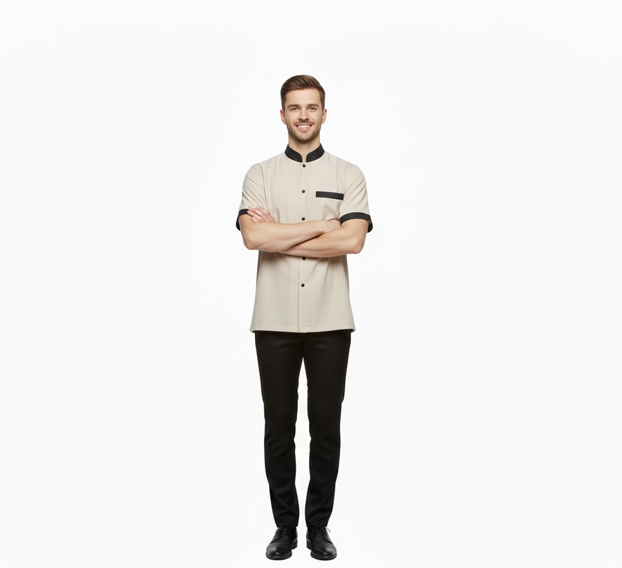 Half Sleeve Waiter Uniform – Cream & Coffee Brown - Front