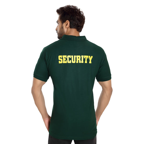 Bottle green security polo T-shirt – back view with SECURITY print