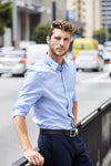 Surf blue anti-stain office shirt worn outdoors