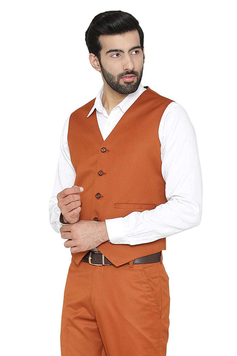 Men's Slim Fit TR Waistcoat – Carrot Orange - Left Sleeve