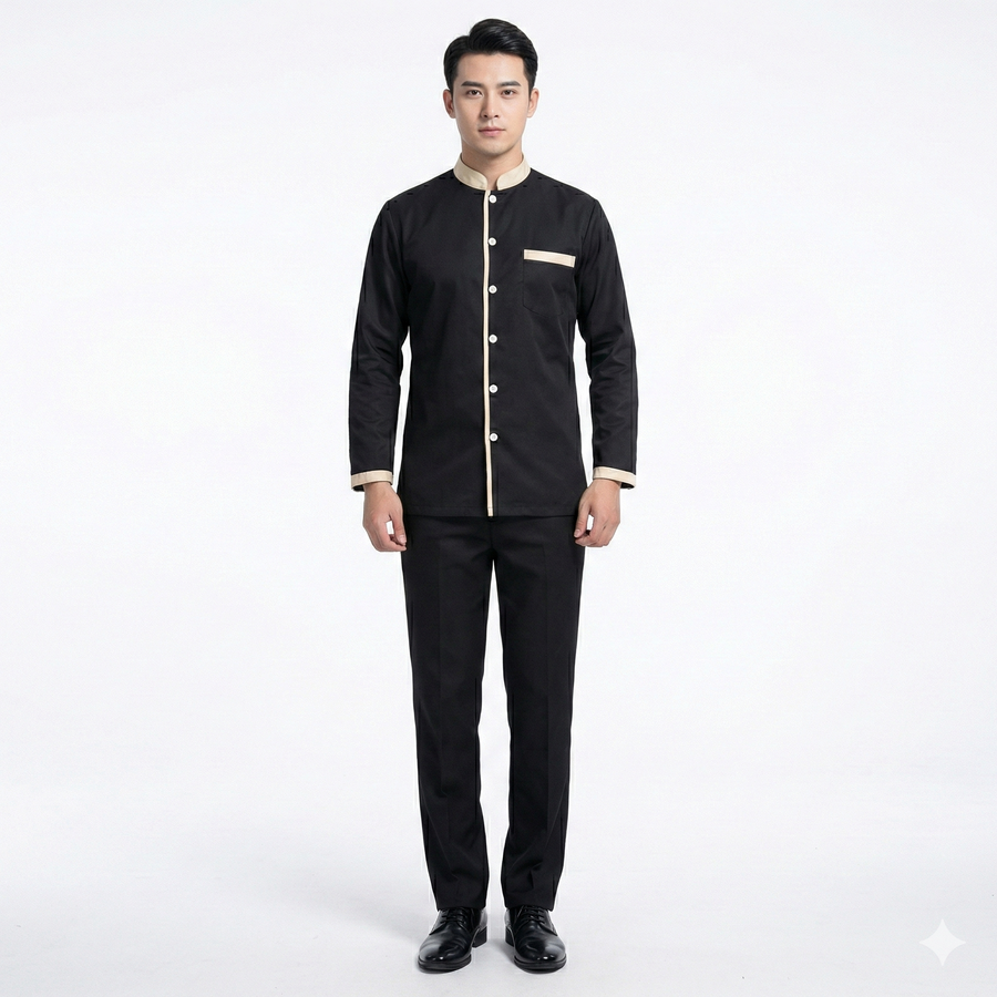 Full Sleeve Waiter Uniform – Black & Cream (Style 2) - Front
