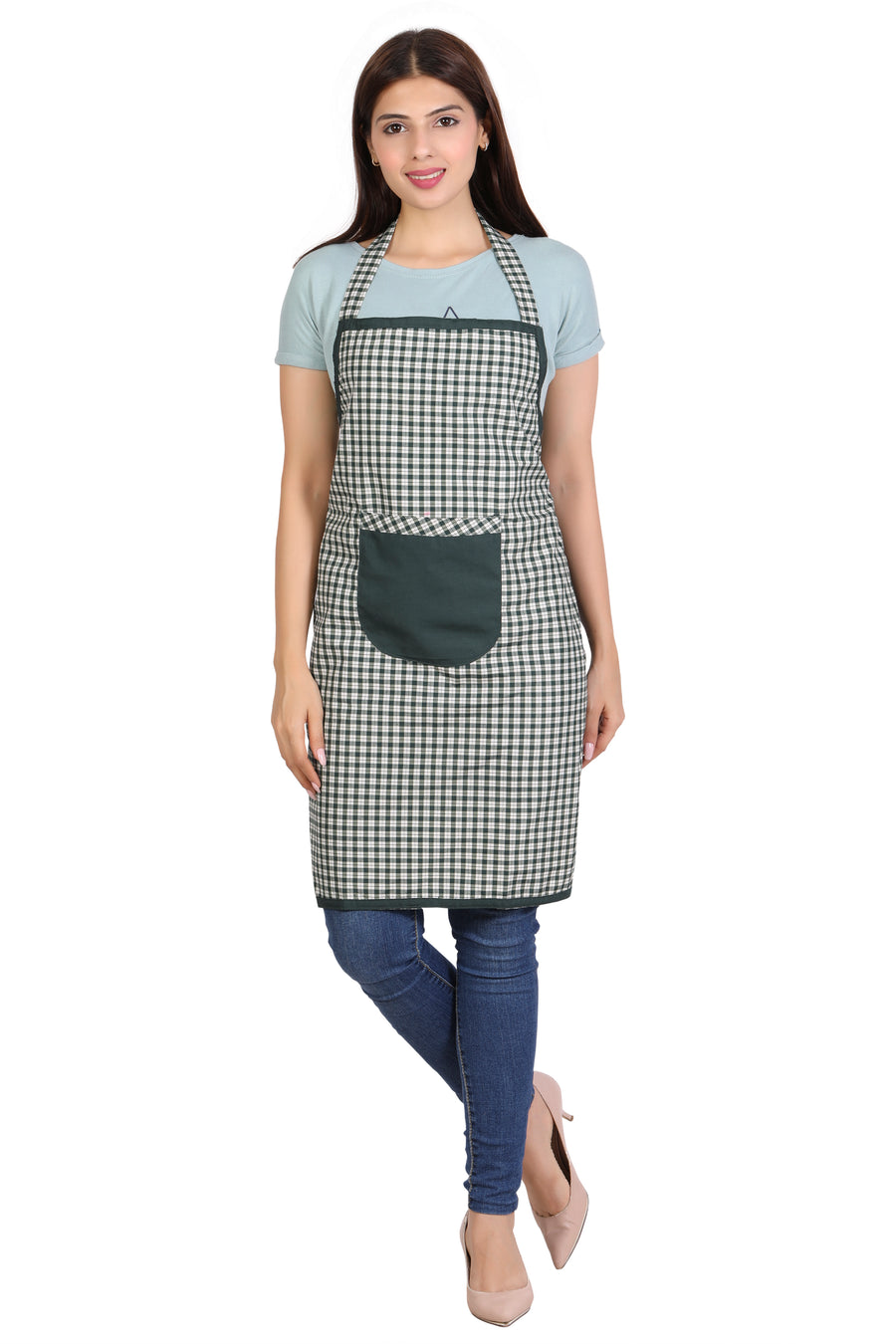 Full Kitchen Apron – Green & White Checks - Front