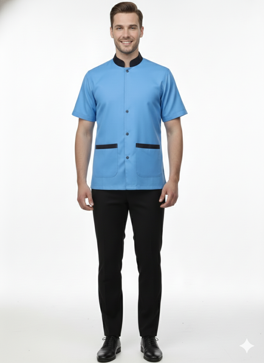 Half Sleeve Waiter Uniform – Sky Blue & Black - Front