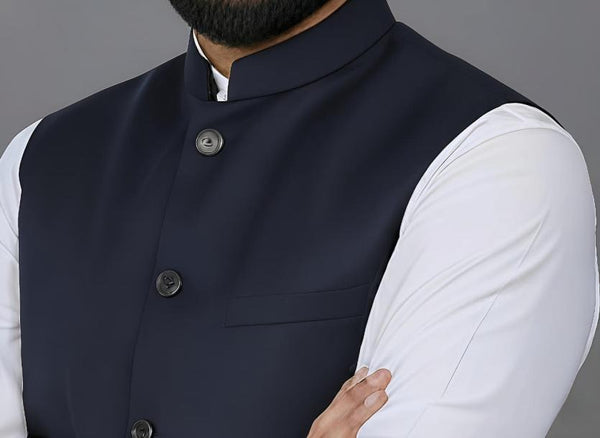 Magcool men's Navy Blue Modi jacket – collar and button detail