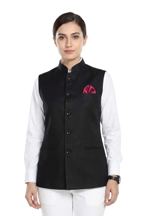Women's black TR Nehru jacket with mandarin collar – front view