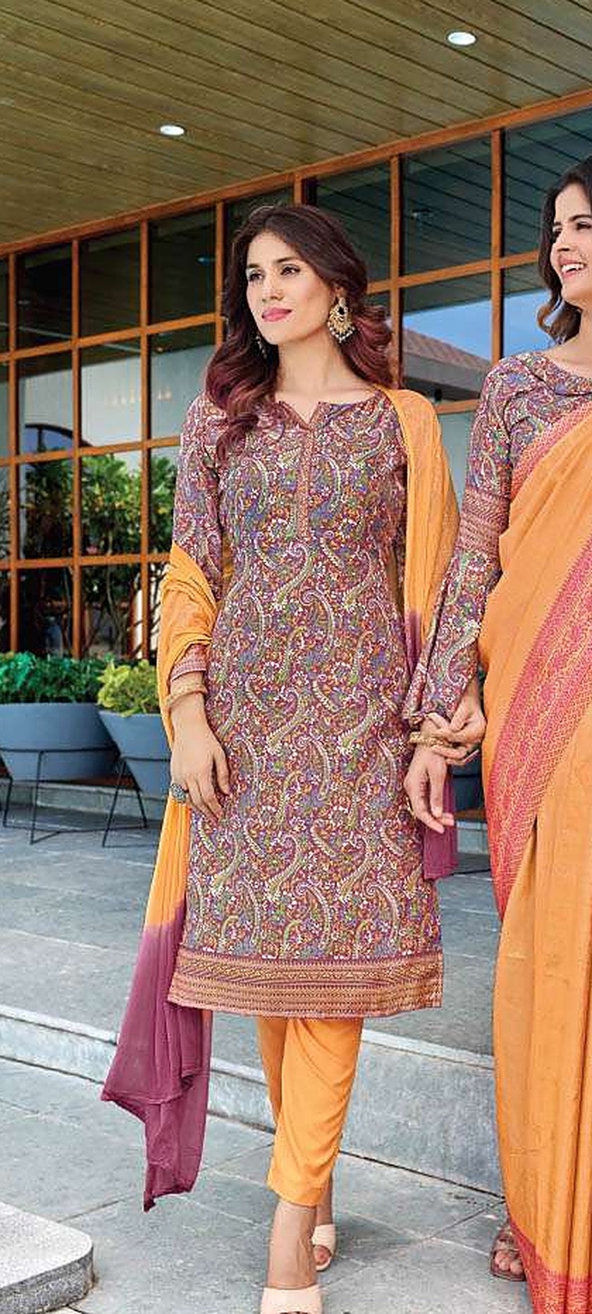 Women's Nova Silk Uniform Saree & Suit – Mustard & Mauve Paisley - Left Sleeve