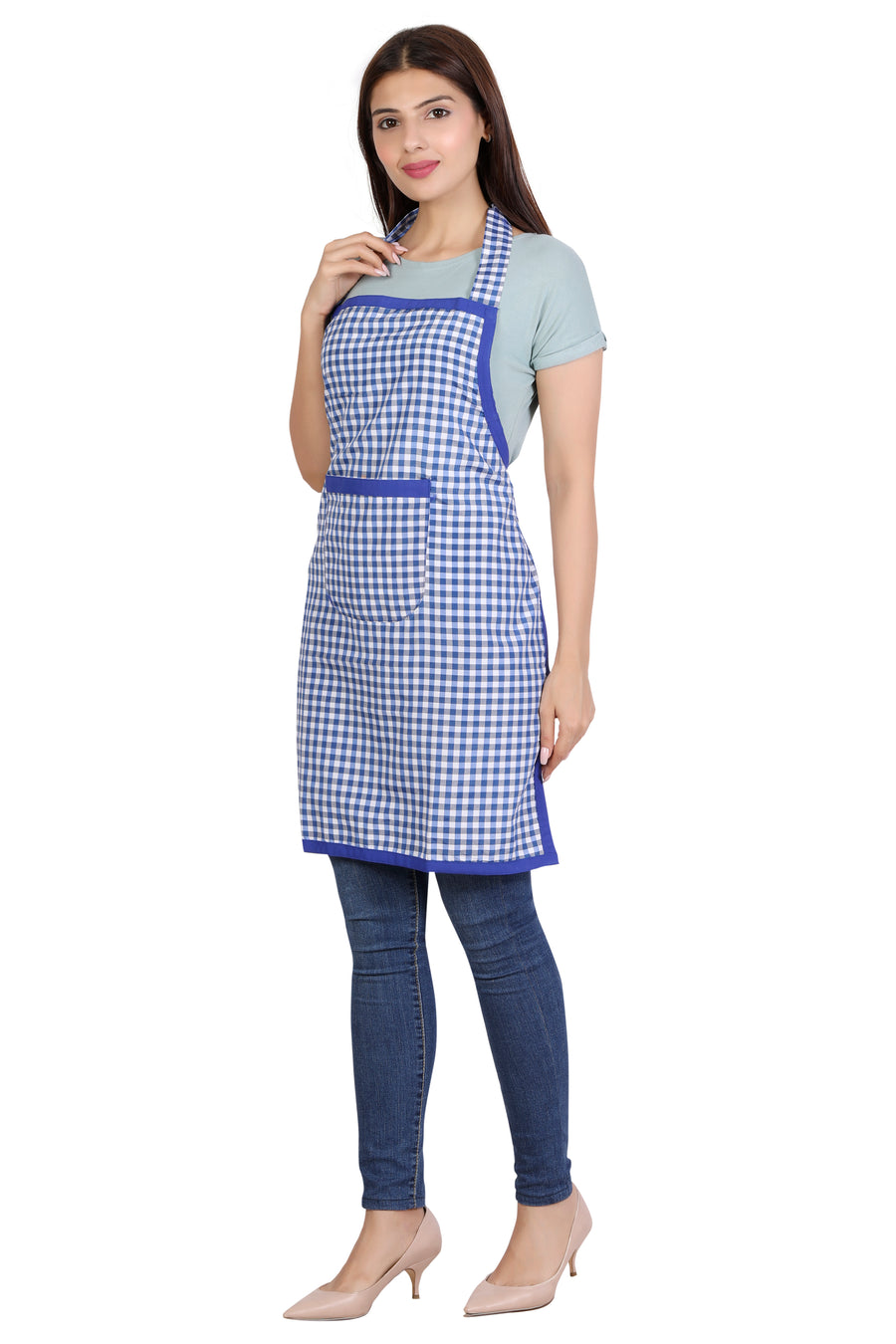 Full Kitchen Apron – Royal Blue Checks - Left Sleeve