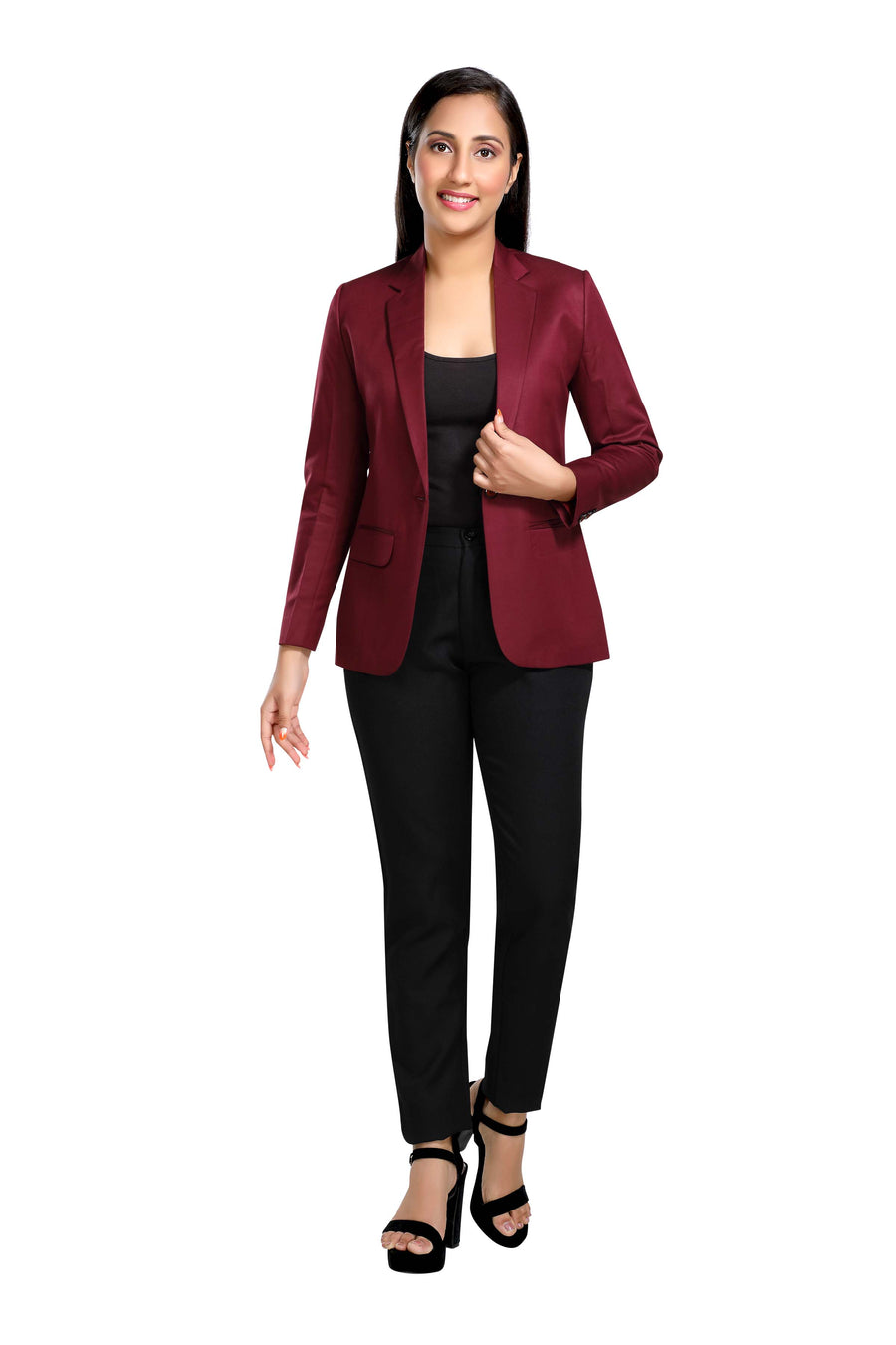 Women's Slim Fit TR Blazer – Dark Maroon - Left Sleeve