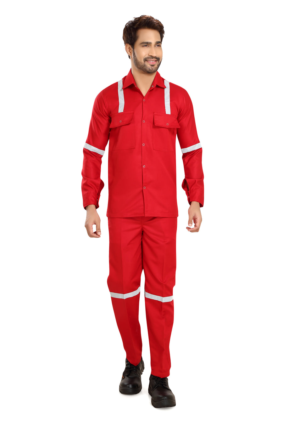 Boiler Pant Shirt Set – Red, Grey Reflective Tape - Front