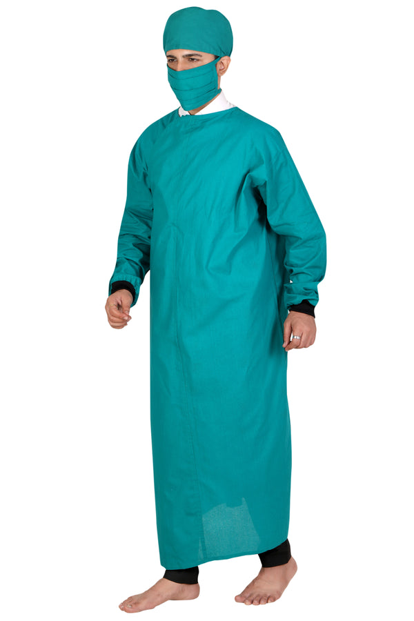 Men's Overlap OT Gown Set – Surgical Green, with Cap & Mask – three-quarter view
