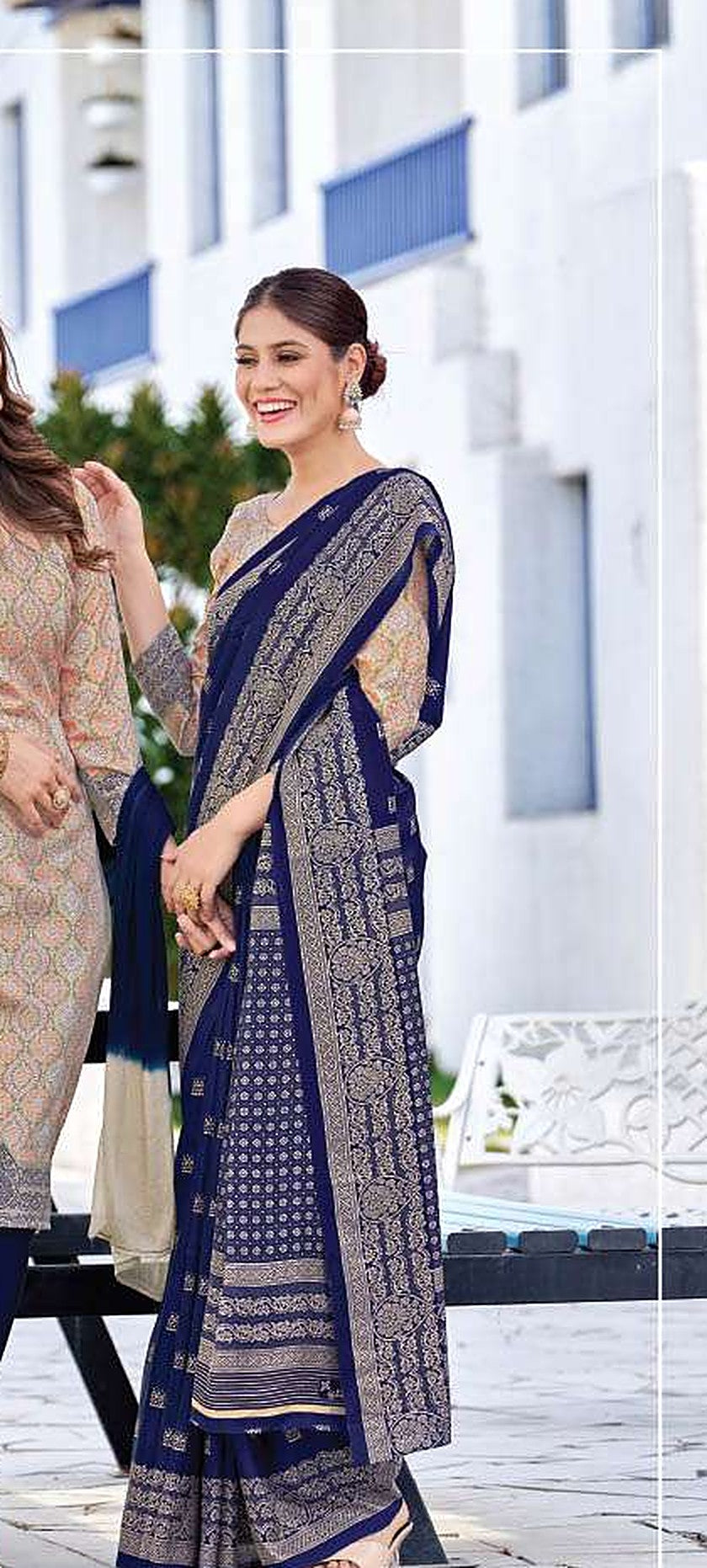 Women's Nova Silk Uniform Saree & Suit – Beige & Navy - Back