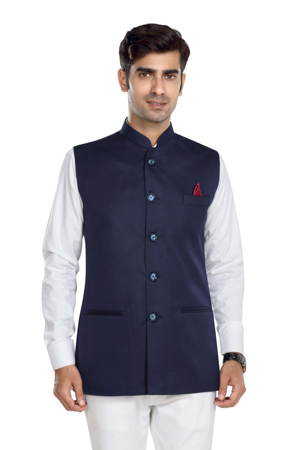Men's Navy Blue TR Nehru jacket – front view