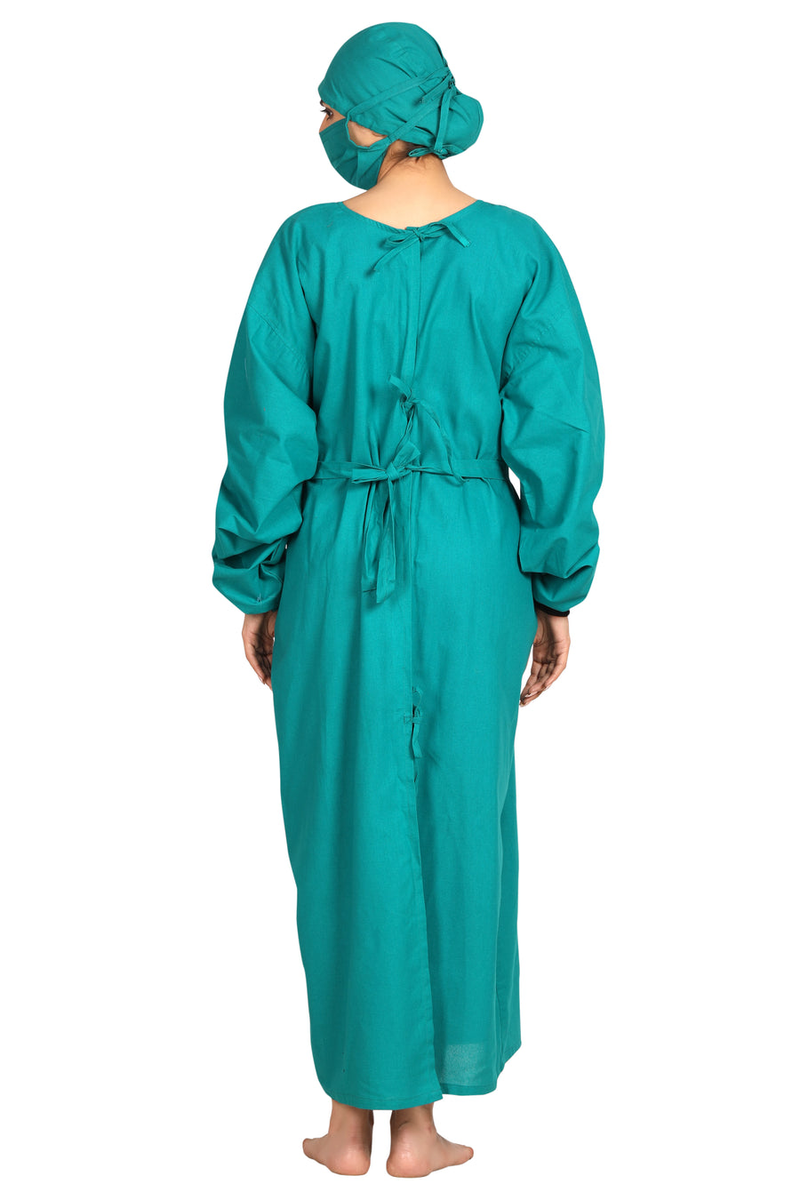 Women's OT Gown Set – Surgical Green, Back Tie, with Cap & Mask - Right Sleeve