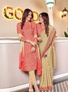 Women's Nova Silk uniform saree and suit pair - Coral & Beige (D.No 6003)