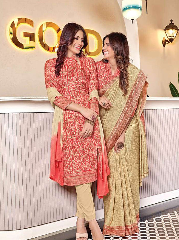 Women's Nova Silk uniform saree and suit pair - Coral & Beige (D.No 6003)