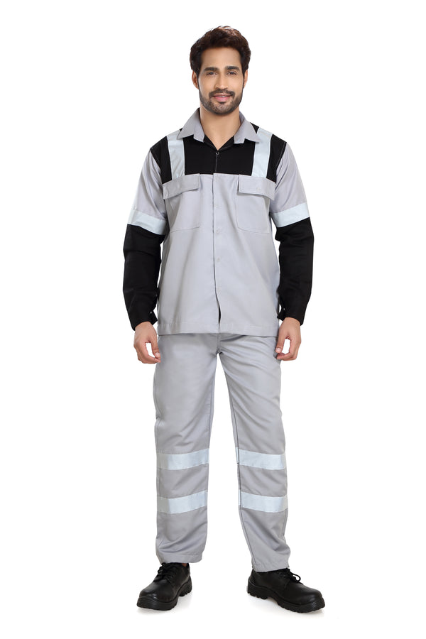 Boiler Pant Shirt Set – Grey & Blue, Grey Reflective Tape – front