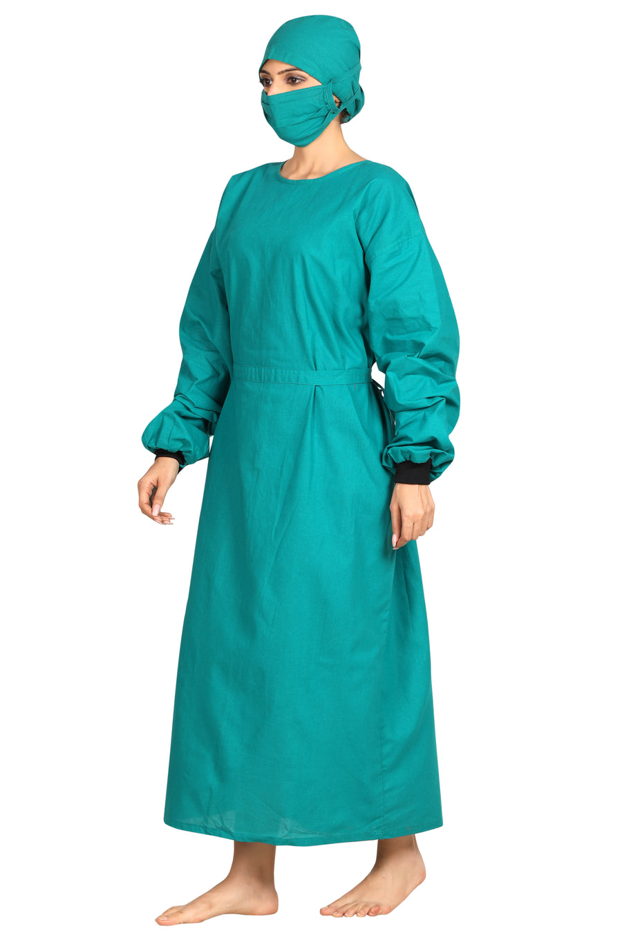 Women's OT Gown Set – Surgical Green, Back Tie, with Cap & Mask - Left Sleeve