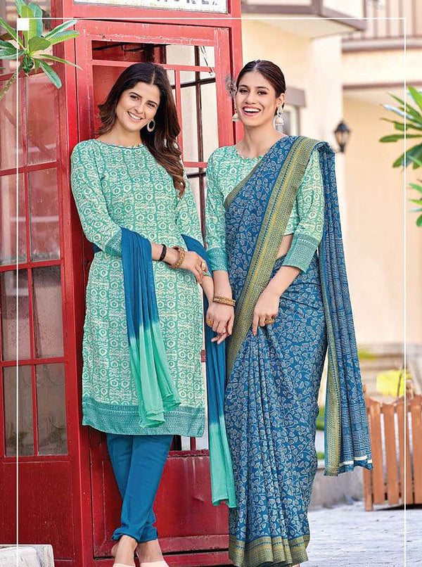Women's Nova Silk uniform saree and suit pair - Mint & Teal Blue (D.No 6004)