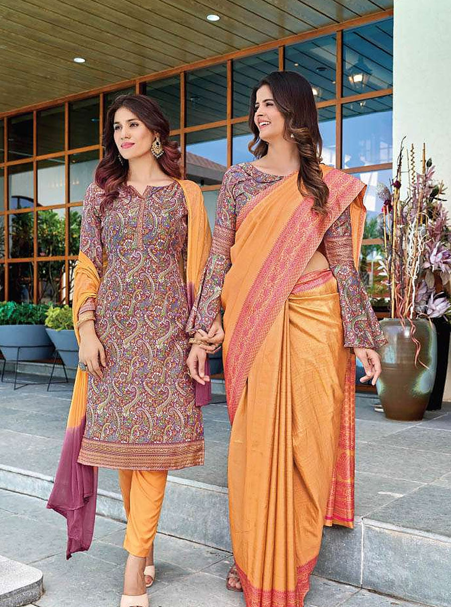 Women's Nova Silk Uniform Saree & Suit – Mustard & Mauve Paisley - Front