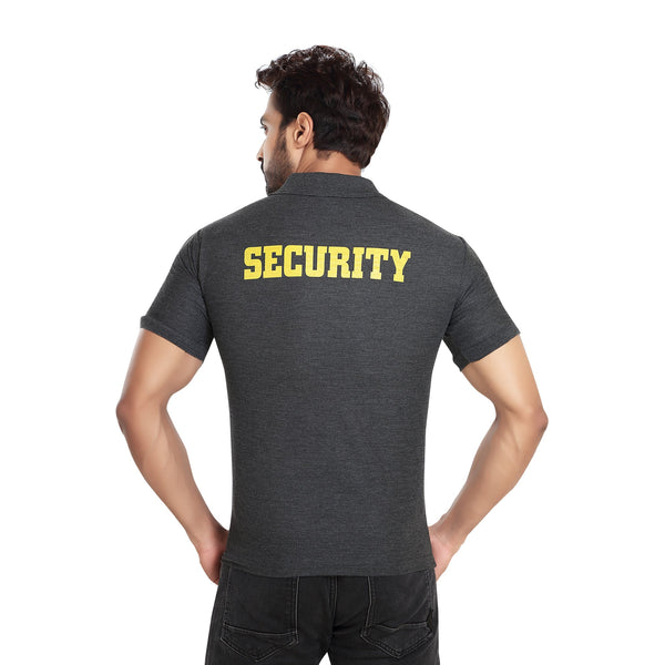 Charcoal melange security polo T-shirt – back view with SECURITY print