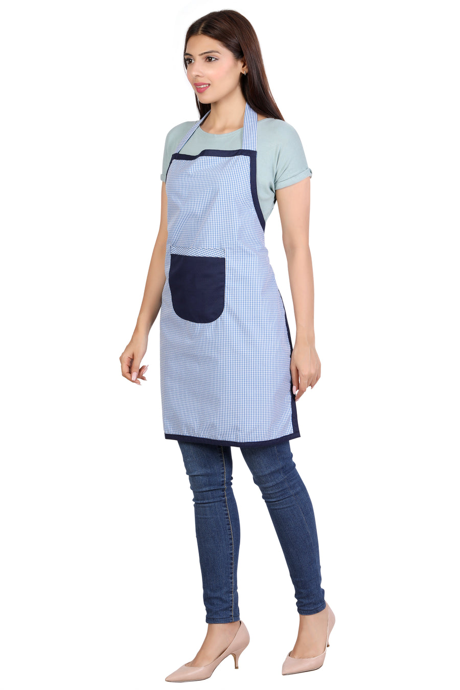 Full Kitchen Apron – Sky Blue Checks - Left Sleeve