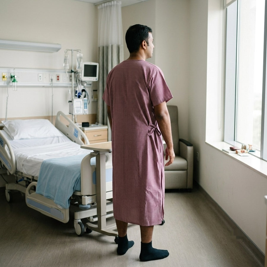Patient Gown – Maroon Check, Wrap Style with Side Tie - Left Sleeve