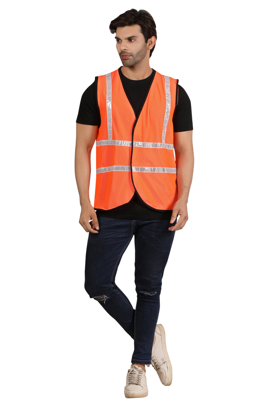 Reflective Safety Jacket – Orange, 1 Inch Tape, Net Vest with Zip - Back