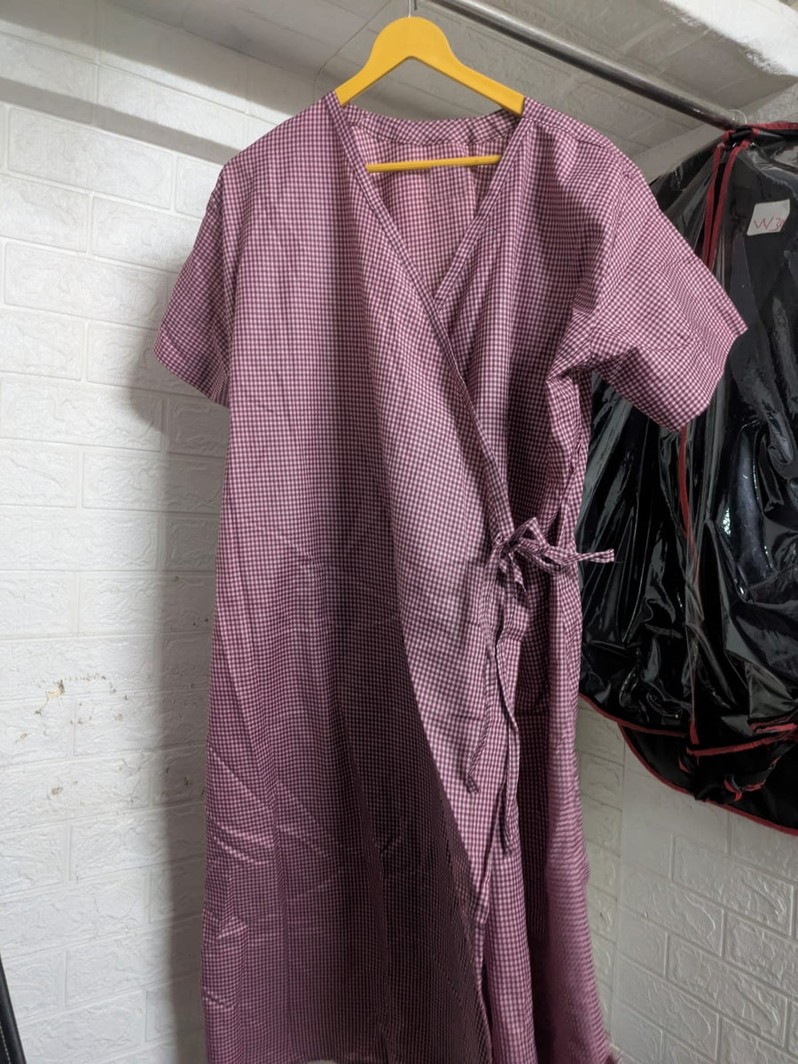 Patient Gown – Maroon Check, Wrap Style with Side Tie - Right Sleeve