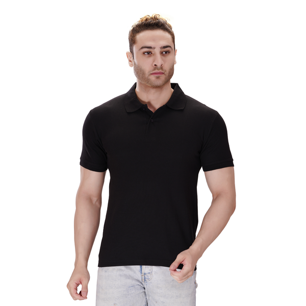 Black polo T-shirt (100% cotton) – front view