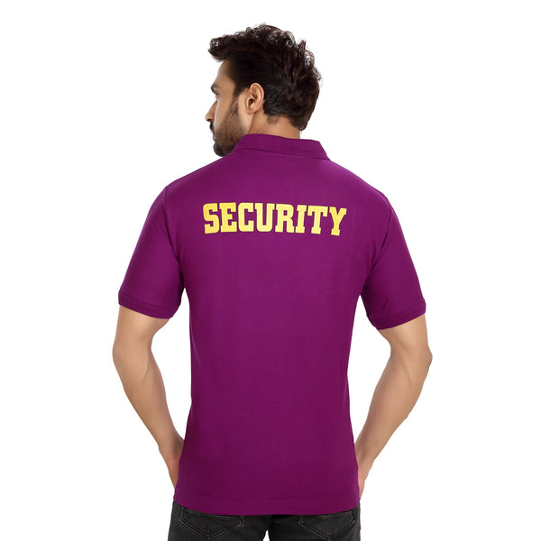 Purple security polo T-shirt – back view with SECURITY print