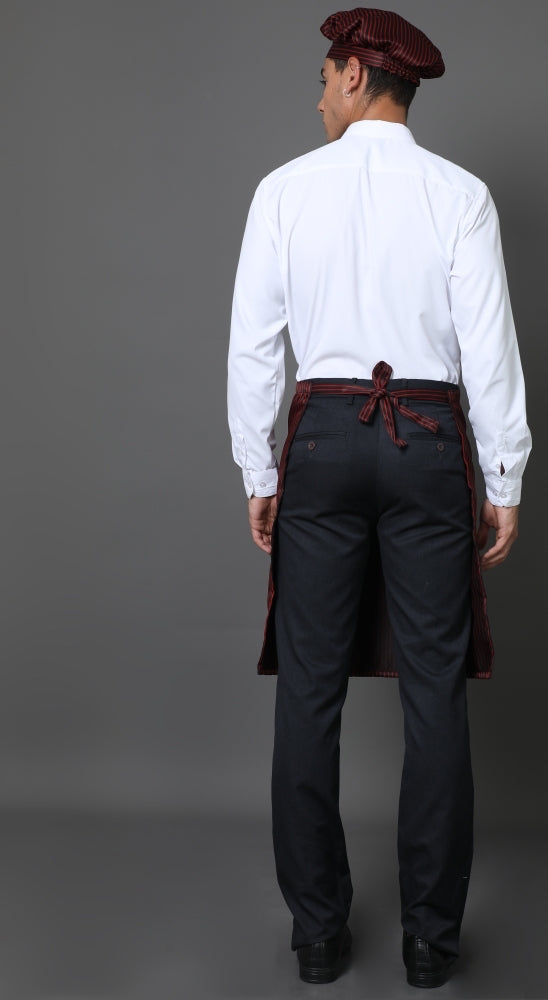 Half Service Apron – Maroon & Black Stripes - Left Sleeve