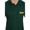 Bottle green security polo T-shirt – close-up of collar and chest print
