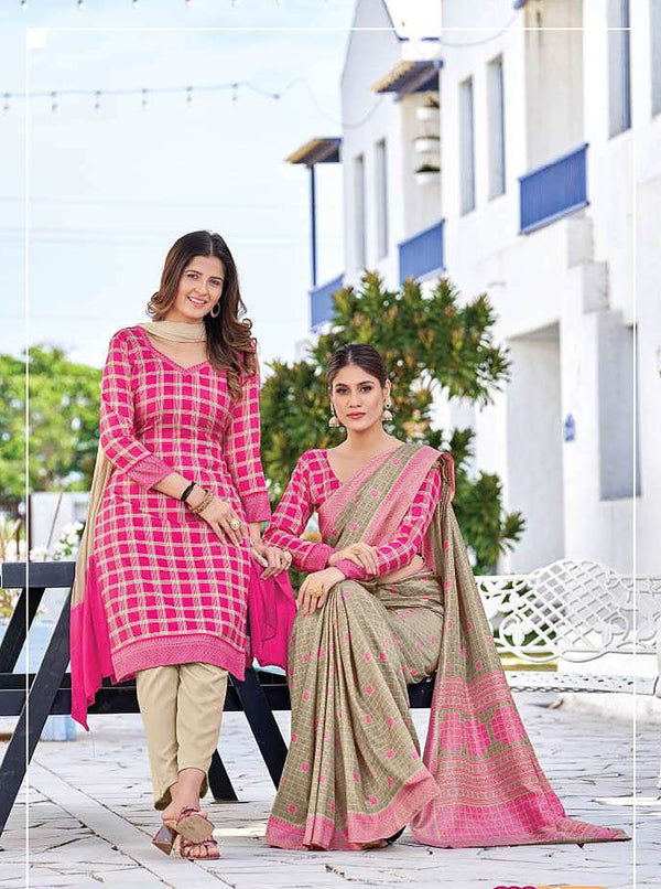 Women's Nova Silk uniform saree and suit pair - Pink Check & Beige (D.No 6009)