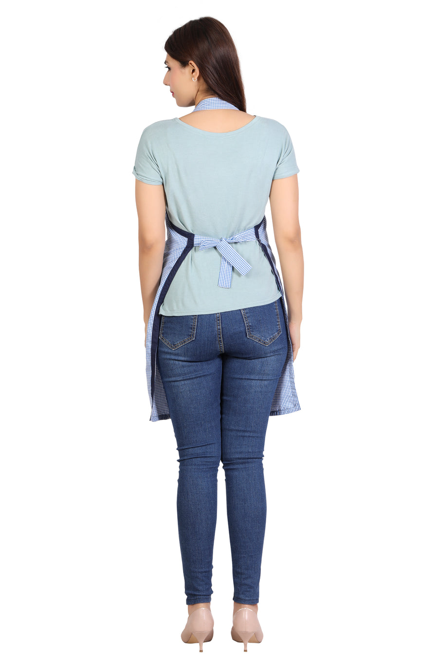 Full Kitchen Apron – Sky Blue Checks - Right Sleeve