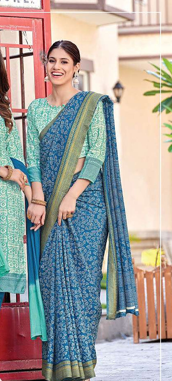 Teal blue uniform saree with blouse piece - D.No 6004