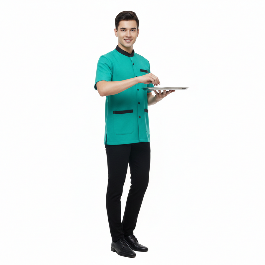 Half Sleeve Waiter Uniform – Teal Green & Black - Back