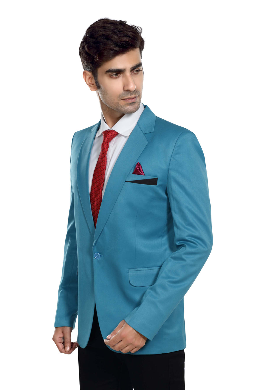Men's Slim Fit TR Blazer – Turquoise Blue - Left Sleeve