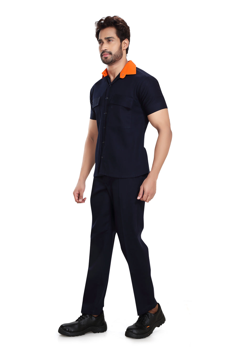 Industrial Worker Uniform – Navy Blue with Orange Collar, Half Sleeve - Right Sleeve